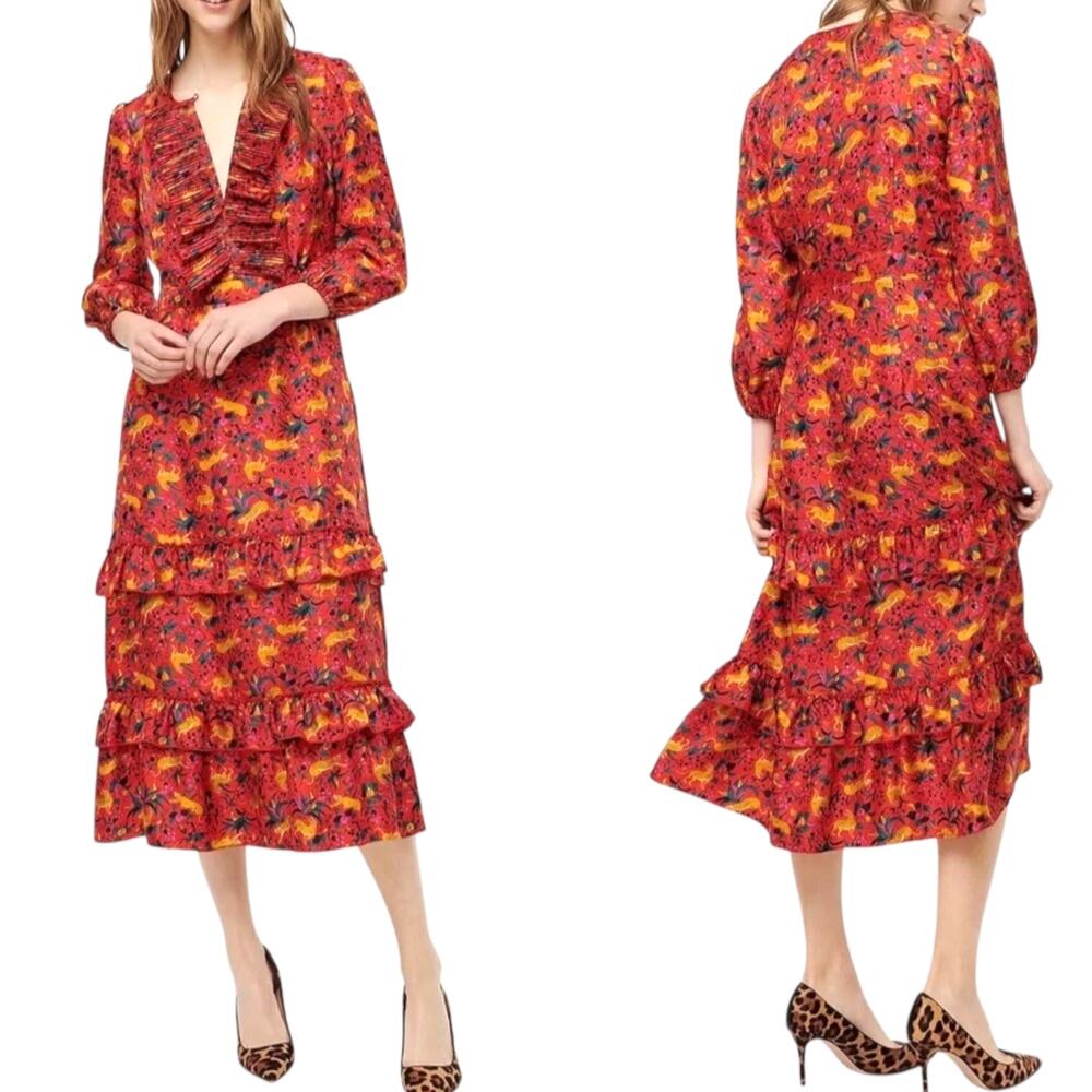 J. Crew Collection Women's 'Jungle Cat' Print Midi Dress, Silk Tiered Red Size 0